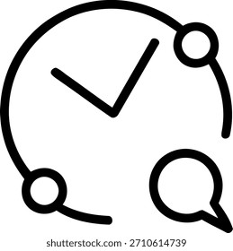 Un simple icono de arte lineal de un reloj con una marca de verificación y una burbuja de voz que representa la gestión del tiempo y la comunicación