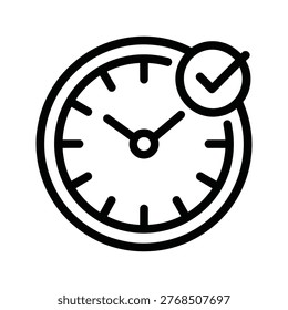 Simple line art icon of a clock with a checkmark indicating completion or accuracy