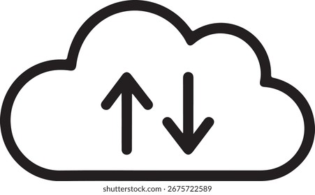 Icono de arte lineal simple de una nube con flechas arriba y abajo que indican la transferencia o sincronización de datos.