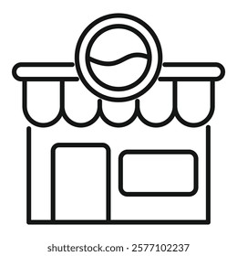 Simple line art icon of a coffee shop building facade with canopy