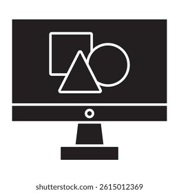 Simple line art icon of a computer screen displaying a square, triangle, and circle. Represents technology, design, education, and geometric concepts. Vector illustration