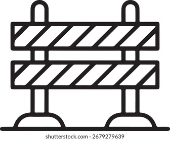 Icono de arte lineal simple de una barrera de construcción con rayas diagonales sobre un fondo blanco.