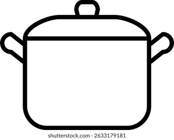 Simple line art icon of a cooking pot with handles on both sides. Minimalist black outline vector illustration of a kitchen cookware item on white background.
