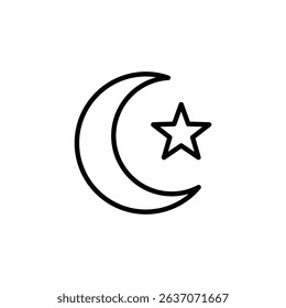 Simple line art icon of a crescent moon and star, a common symbol in Islam.