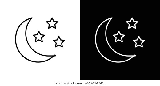 Icono de línea simple del arte de una luna creciente y tres estrellas, presentado en ambos fondos blancos y negros.