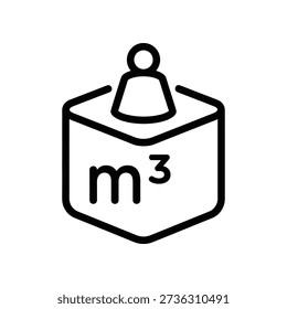 Simple line art icon of a cube with 'm3' label, symbolizing volume measurement.