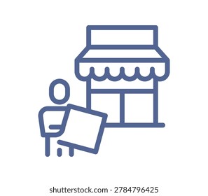 Simple line art icon of customer shopping at local store, retail commerce and small business symbol, market purchase pictogram linear flat vector illustration isolated on white background.