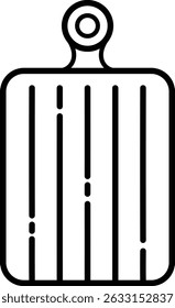 Simple line art icon of a cutting board with handle on white background, minimal black outline vector illustration for kitchen tools and cooking concepts