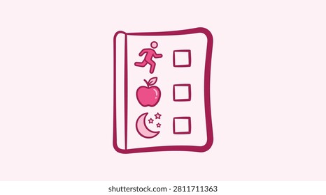 A simple line art icon of a daily routine checklist, featuring symbols for physical exercise, healthy food like an apple, and sleep, isolated on pink.