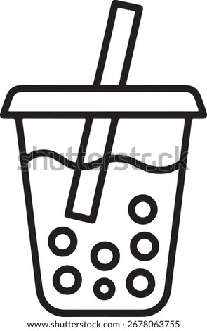 Simple line art icon of a delicious bubble tea drink with tapioca pearls and a straw