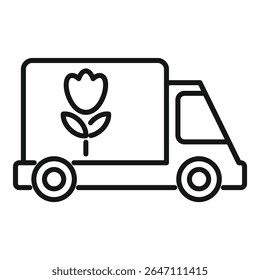 Simple line art icon of a delivery truck carrying flowers, perfect for representing a flower shop's delivery service