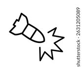 Simple line art icon depicting a bomb exploding.  Illustrates danger and destruction.