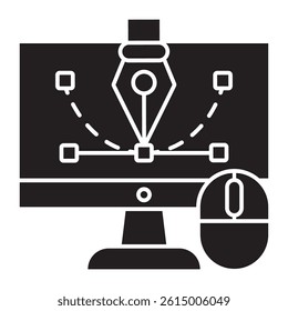 A simple line art icon depicting graphic design tools on a computer screen. The icon includes a monitor, a pen tool, anchor points, and a computer mouse, representing digital design and creative work