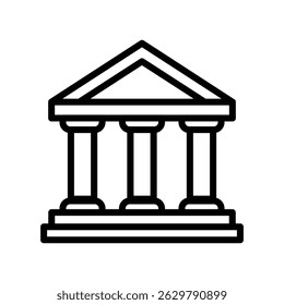 Simples ícone da arte de linha representando um edifício clássico com colunas, reminiscente da arquitetura grega antiga.