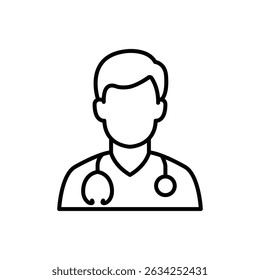 A simple line art icon depicting a doctor with a stethoscope.