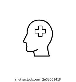 Simple line art icon depicting a head with a cross inside, symbolizing mental health and well-being.