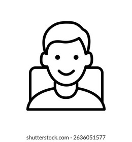 A simple line art icon depicting a happy young man.  Smiling face, clean design.