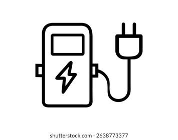 A simple line art icon depicting an electric vehicle charging station with a plug. Perfect for apps, websites, or infographics related to electric cars, charging infrastructure, or renewable energy.