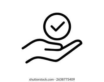 A simple line art icon depicting a hand gently holding a checkmark inside a circle. Represents approval, confirmation, or acceptance.