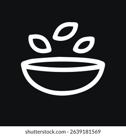 A simple line art icon depicting a bowl with salad or green leaves symbolizing healthy eating, wellness and vegan lifestyle.