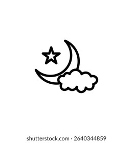 Simple line art icon depicting a crescent moon, star, and a cloud.  Nighttime theme.