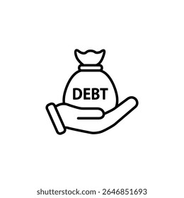 A simple line art icon depicting a hand holding a money bag labeled 'DEBT'.