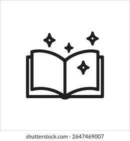 A simple line art icon depicting an open book with four sparkling stars, symbolizing magic, knowledge, imagination, learning, and wonder. Perfect for educational, fantasy, or creative concepts.
