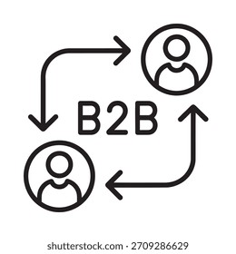 Ein einfaches Linienkunstsymbol, das zwei Benutzerprofile in einem kreisförmigen Fluss mit dem Text B2B in der Mitte darstellt.
