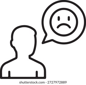 Un simple icono de arte lineal que representa la silueta de una persona con una burbuja de pensamiento que contiene un emoji de cara triste, que simboliza emociones negativas o insatisfacción.