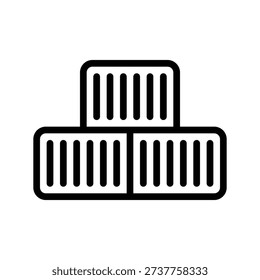 A simple line art icon depicting a stack of three shipping containers, two at the bottom and one centered on top. Construction things single line icon UI design.