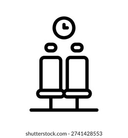 A simple line art icon depicting two empty seats with a clock overhead, suggesting waiting or a schedule. Aviation Single Line Icon.