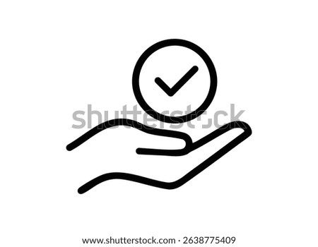 A simple line art icon depicting a hand gently holding a checkmark inside a circle. Represents approval, confirmation, or acceptance.