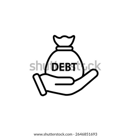 A simple line art icon depicting a hand holding a money bag labeled 'DEBT'.