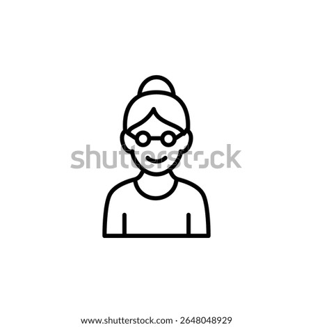A simple line art icon depicting a happy elderly woman wearing glasses.