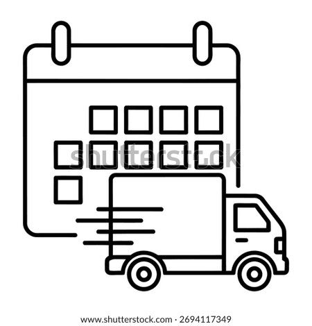 A simple line art icon depicting a delivery truck in motion against a calendar grid, symbolizing scheduled logistics, transportation, and timely delivery services for businesses.