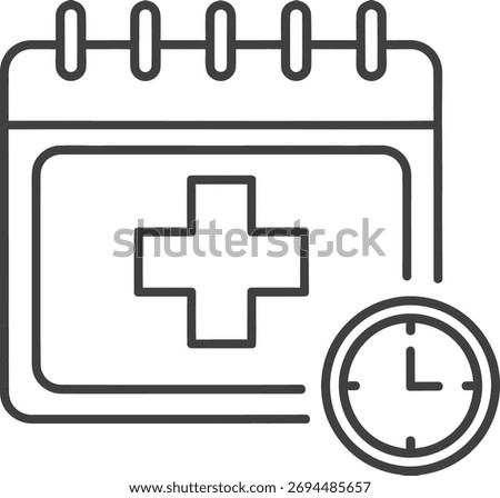 A simple line art icon depicting a calendar with a medical cross and a clock, symbolizing healthcare scheduling and time.