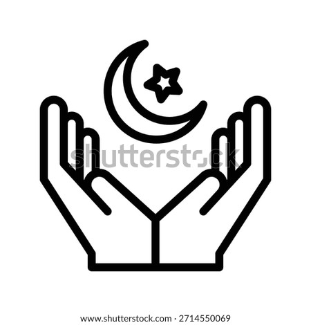 A simple line art icon depicting an Islamic crescent moon and star above two open hands, symbolizing faith and prayer. Islamic single line icon UI design.
