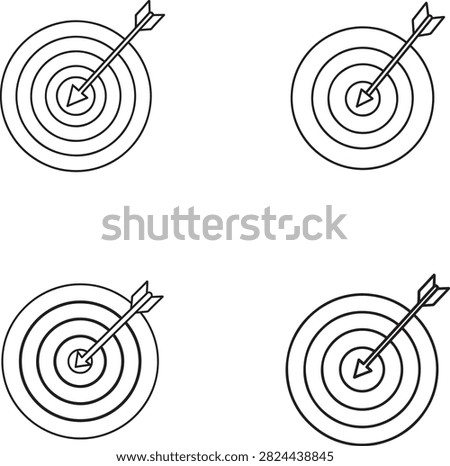 A simple line art icon depicting a target with an arrow precisely hitting the bullseye. Represents goals, success, accuracy, and achievement.