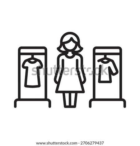 A simple line art icon depicts a woman in a dress standing between two display racks, each holding a t-shirt.