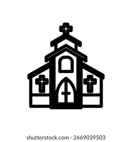 Um simples design de ícone de arte de linha de um edifício de igreja com cruzes.