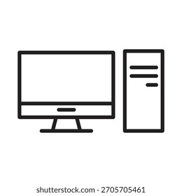 Un simple icono de arte lineal de una computadora de escritorio con un monitor y una torre. Representa tecnología, trabajo de oficina y computación personal.
