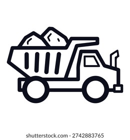 A Simple Line Art Icon Of A Dump Truck Filled With Sand And Rocks, Symbolizing Construction And Material Transport