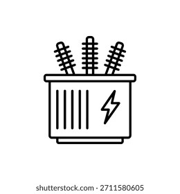 Simple line art icon of an electrical transformer with lightning bolt symbol