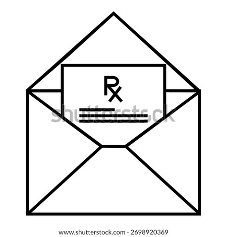 Simple line art icon of an envelope containing a prescription paper labeled RX, symbolizing medical communication or mail order pharmacy services.