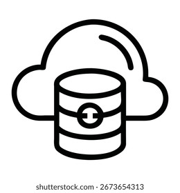 A simple line art icon featuring a cloud shape above a cylindrical database symbol. This graphic effectively communicates concepts like cloud storage data backup and digital information management.