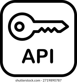 Um simples ícone de arte de linha com um símbolo de chave posicionado acima da API do acrônimo, tudo incluído em uma borda quadrada arredondada, representando acesso digital seguro.