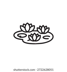 Un simple icono de arte lineal con tres lirios de agua o flores de loto y almohadillas de lirio flotando con gracia en un estanque tranquilo, un símbolo de pureza y paz.