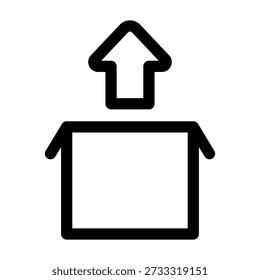 Un icono de arte lineal simple con una caja abierta con una parte superior biselada y una flecha hacia arriba colocada encima de ella. El diseño ilustra sacar elementos, cargar, recuperar productos o desempaquetar.