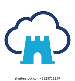 Simple line art icon featuring a castle shape inside cloud