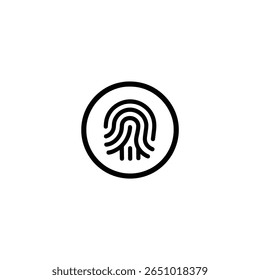 Simple line art icon of a fingerprint enclosed within a circle, representing biometric security, touch ID, or user identification.